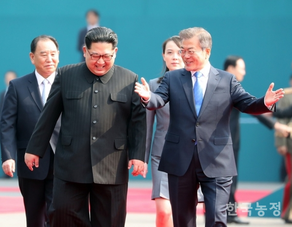 지난달 27일 남북정상회담이 열린 가운데 문재인 대통령과 김정은 국무위원장이 평화의 집으로 이동하고 있다. 청와대 제공