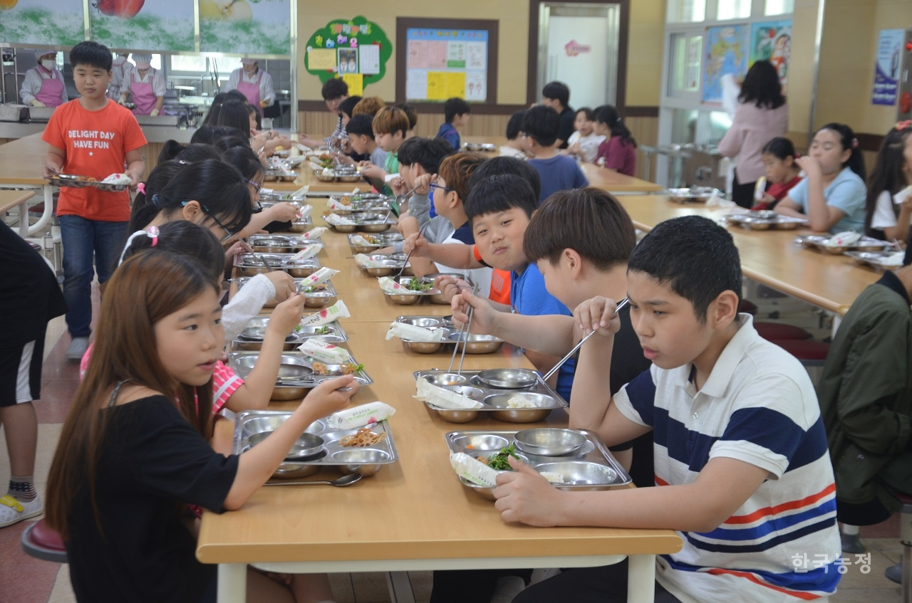 지난 15일 충남 아산시 신광초등학교 학생들이 점심식사를 하고 있다. 신광초등학교 급식 식재료는 거의 대부분 아산산(産) 친환경농축산물을 이용한다.