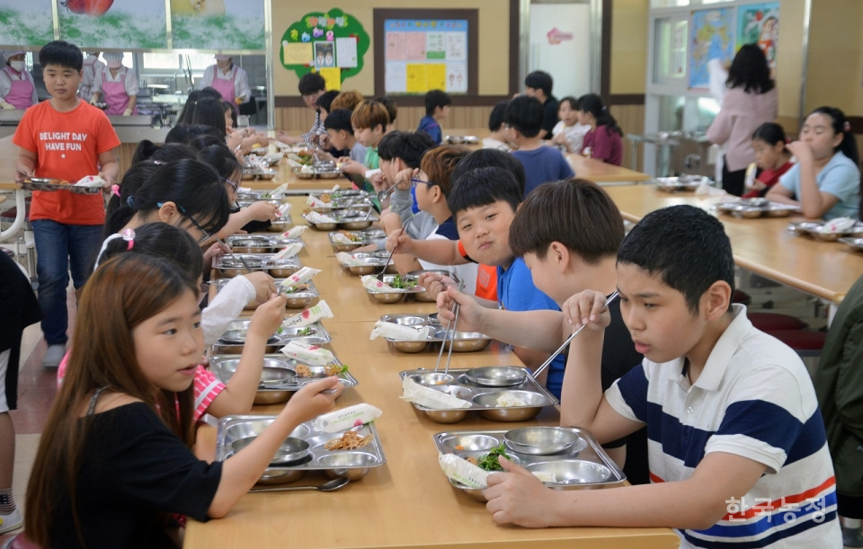 친환경농업계는 이번 지방선거의 최우선 정책과제로 친환경 무상·공공급식의 확대를 손꼽았다. 충남 아산시 신광초등학교에서 학생들이 점심식사를 하고 있다.