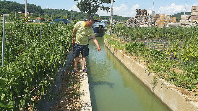 충남 당진시 송악읍에서 최일순 할머니가 농업용수로에 빠져 익사한 것으로 추정되는 가운데 사고지점을 아들 황선학씨가 가리키고 있다.