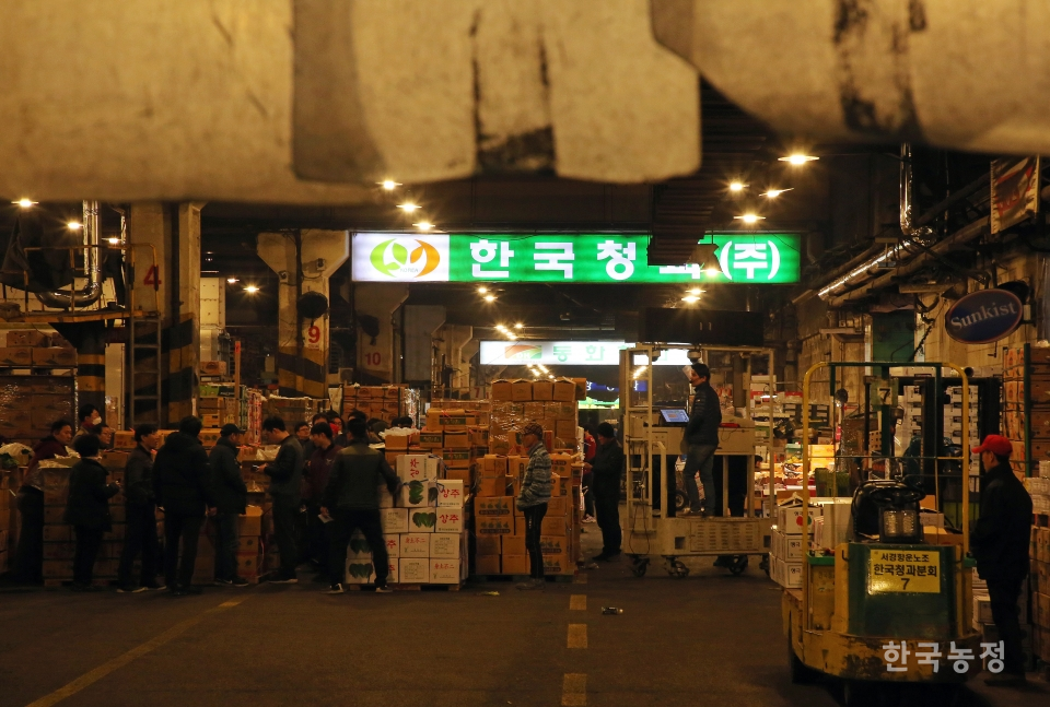 지난달 26일 서울 가락시장 내 한국청과에서 경매가 이뤄지고 있다.