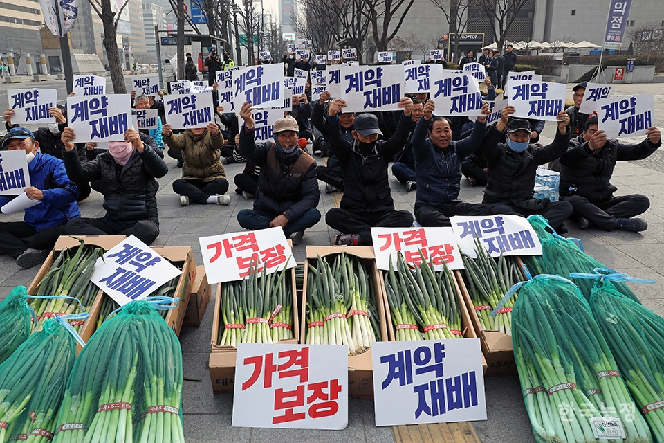 6일 오후 서울 광화문 세종로공원에서 열린 '겨울대파 가격 보장을 위한 생산자대회'에 참석한 전남지역 농민들이 '계약재배'를 촉구하는 종이를 들고 구호를 외치고 있다. 한승호 기자