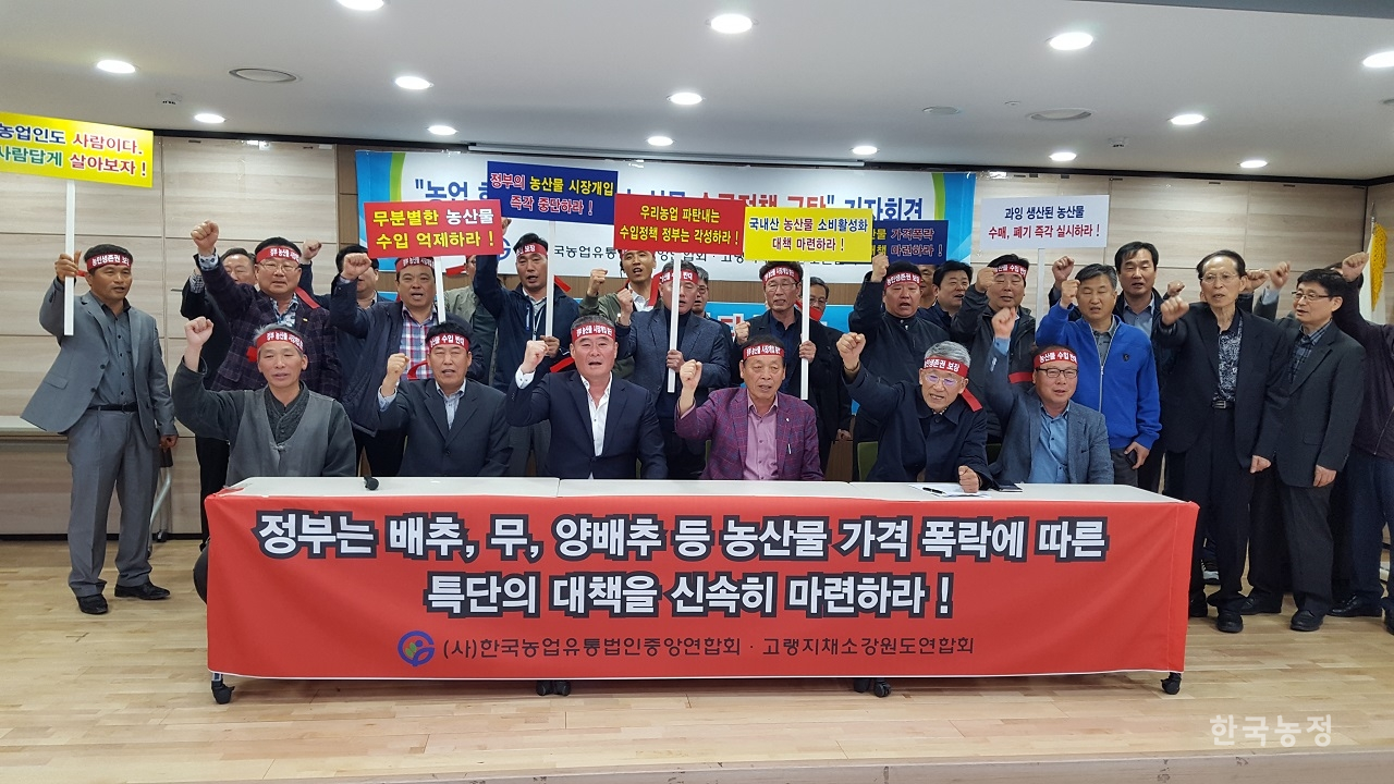 한국농업유통법인중앙연합회와 고랭지농업강원도연합회는 19일 긴급 기자회견을 열고 정부의 무책임한 수급대책을 규탄했다.