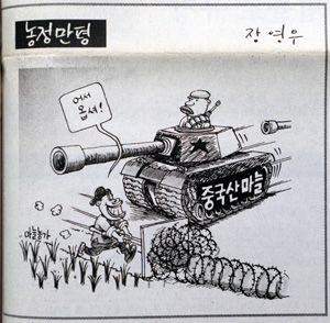 2001년 5월 10일자 만평. 국산 마늘을 공격하는 중국에 앞장서 길을 터주는 우리 정부의 모습을 풍자적으로 묘사했다. 한승호 기자