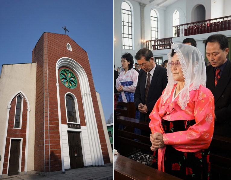 1988년 새롭게 건립된 장충성당의 외관(왼쪽). 조선옷(한복)을 곱게 차려입고 미사보를 쓴 신자가 경건한 모습으로 두 손을 마주잡고 기도하고 있다.