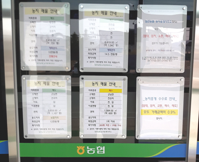 경기도 연천군 임진농협 본점에 붙은 농지 중개 문서들.
