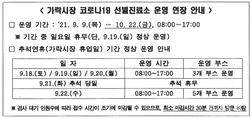 가락시장 코로나19 선별진료소 운영이 다음달 22일까지 연장된다. 서울농수산식품공사 제공