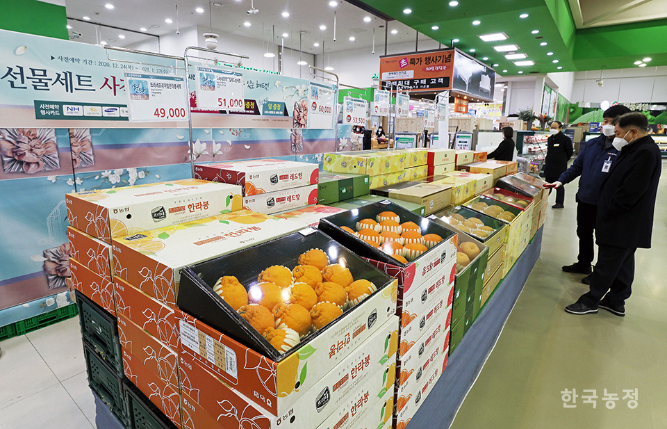 농협 하나로마트 양재점에서 한 시민이 과일선물세트를 살펴보고 있다. 한승호 기자