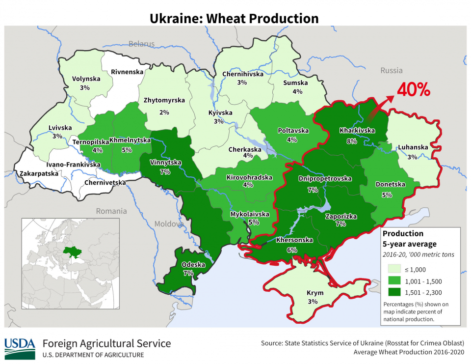 미국 농무부 해외농업처(USDA FAS)가 작성한 우크라이나 밀 생산현황. 분쟁 구역인 돈바스(Donetska·Luhanska) 지역 및 그 인접 주들의 밀 생산량 비중은 전체의 40%에 이른다.미국 농무부 제공