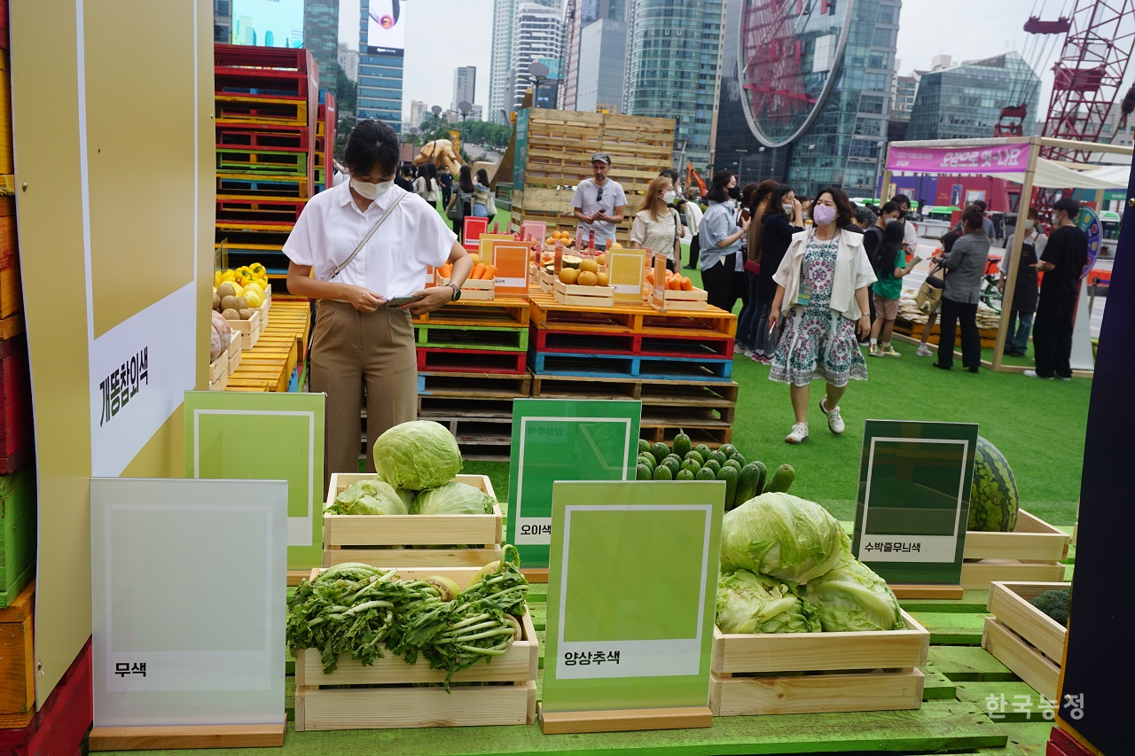 지난 16일 '2022 식생활교육 박람회'가 열린 서울 코엑스 광장. 다양한 색상의 농산물들이 광장 가운데 전시돼 있다. 이번 박람회는 ‘농업·농촌으로 식생활을 물들이다’란 표어를 내걸었다.