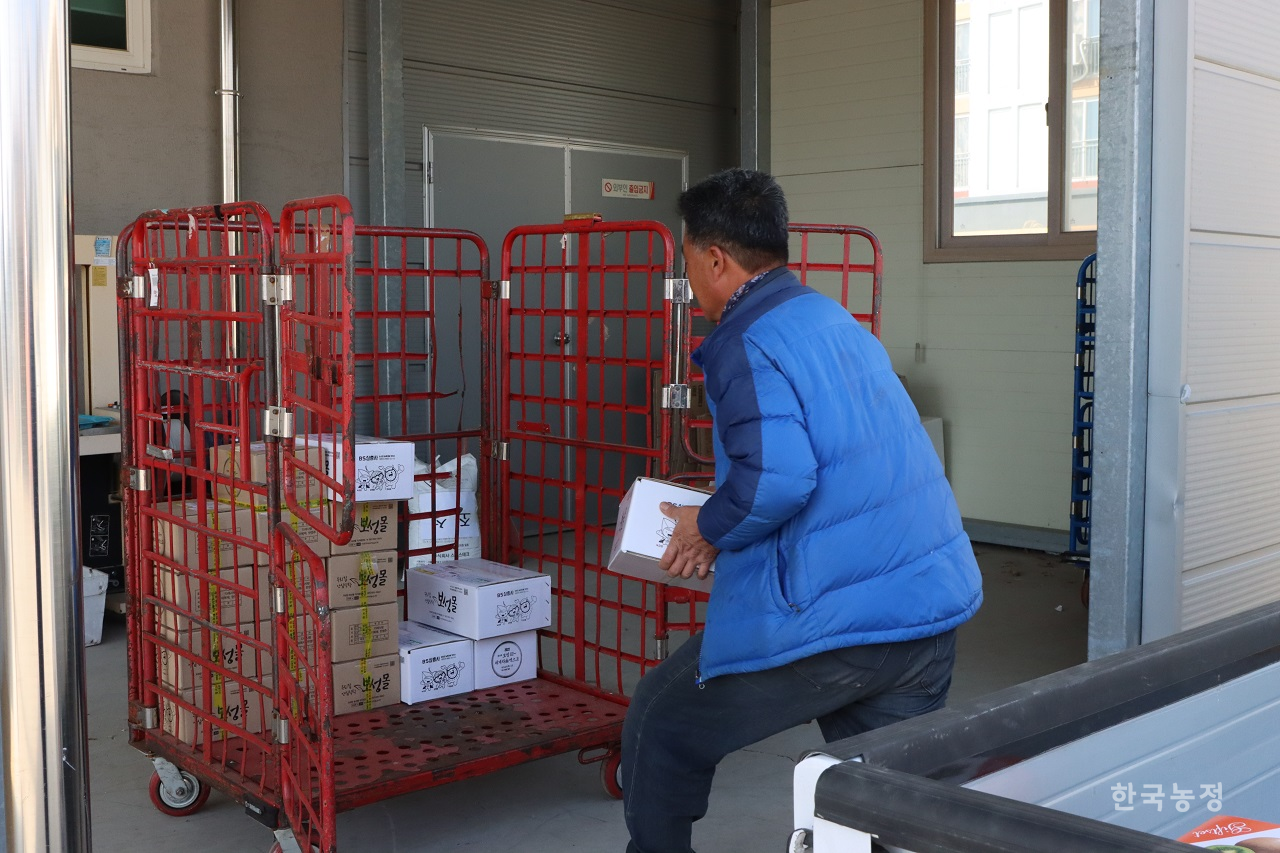 지난 20일 농민 심오남씨가 포장 후 송장을 붙인 계약 소포 상자를 면 단위 우체국 한 켠에 마련된 장소에 적재하고 있다.