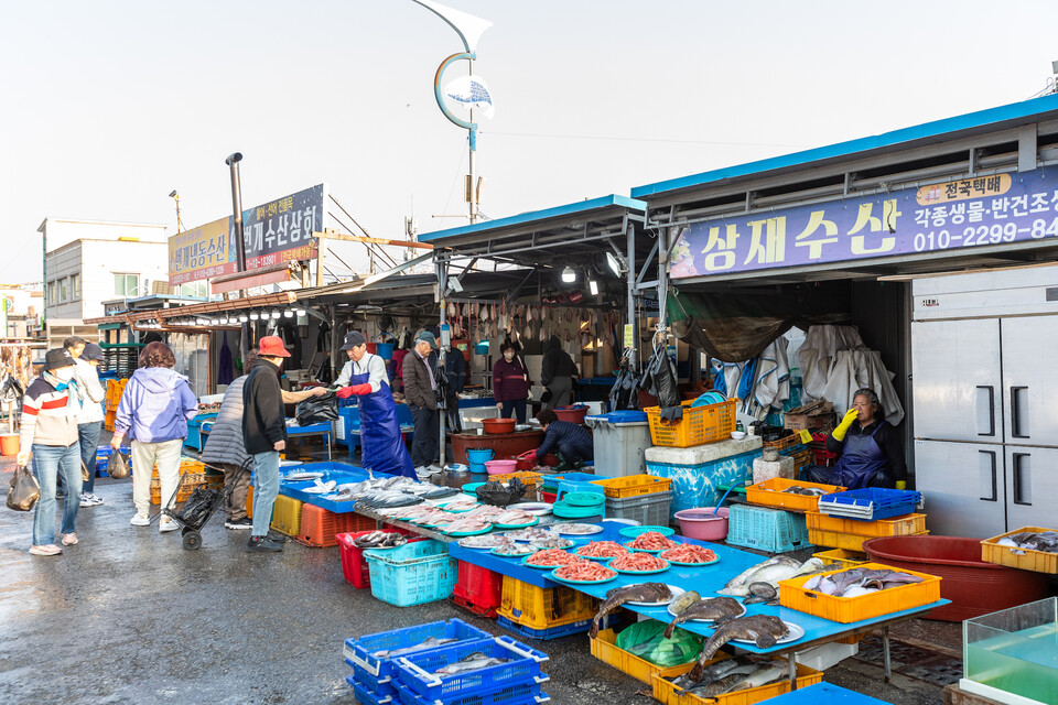 아침 7시의 삼척번개시장에 신선한 해산물을 사려는 사람들이 여기저기서 모여든다. 사진 류관희 작가