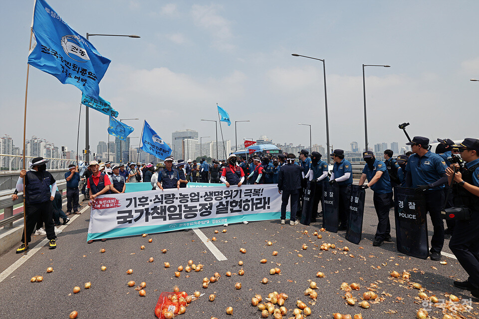 마포대교 중간에 멈춰 선 농민들이 양파를 쏟아낸 뒤 약식 집회를 하고 있다.