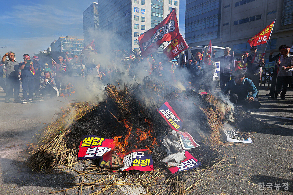 2일 오후 전남 무안군 전남도청 앞에서 열린 ‘쌀값보장! 재난대책 수립! 광주전남농민대회’에서 농민들이 멸구 피해로 못 쓰게 된 볏단을 불태우며  ‘벼멸구 재해 인정’ 등을 정부에 요구하고 있다. 한승호 기자