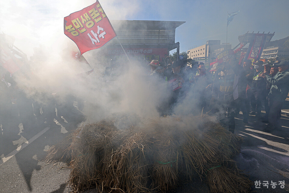 2일 오후 전남 무안군 전남도청 앞에서 열린 ‘쌀값보장! 재난대책 수립! 광주전남농민대회’에서 농민들이 멸구 피해로 못 쓰게 된 벼를 불태우며 ‘벼멸구 재해 인정’ 등을 정부에 요구하고 있다. 한승호 기자