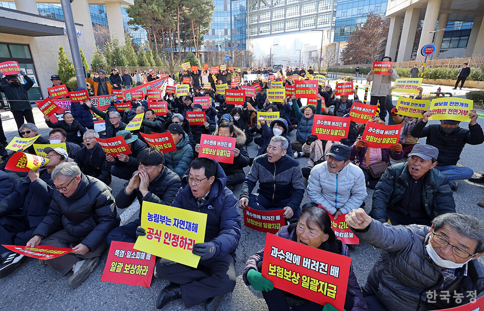 지난 4일 정부세종청사 농림축산식품부 앞에서 열린 ‘폭염재해 일소피해 배 재해대책 촉구 전국 배농가 대표자대회’에서 농민들이 폭염 일소피해 자연재해 인정 및 일괄 보상 등을 정부에 촉구하고 있다. 한승호 기자