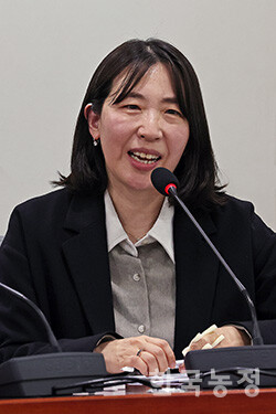 농업농민정책연구소 녀름 이수미 소장이 '농촌주민 거주수당 도입방안 연구'에 대한 최종보고를 진행한 뒤 청중들의 질의에 답변하고 있다. 한승호 기자 
