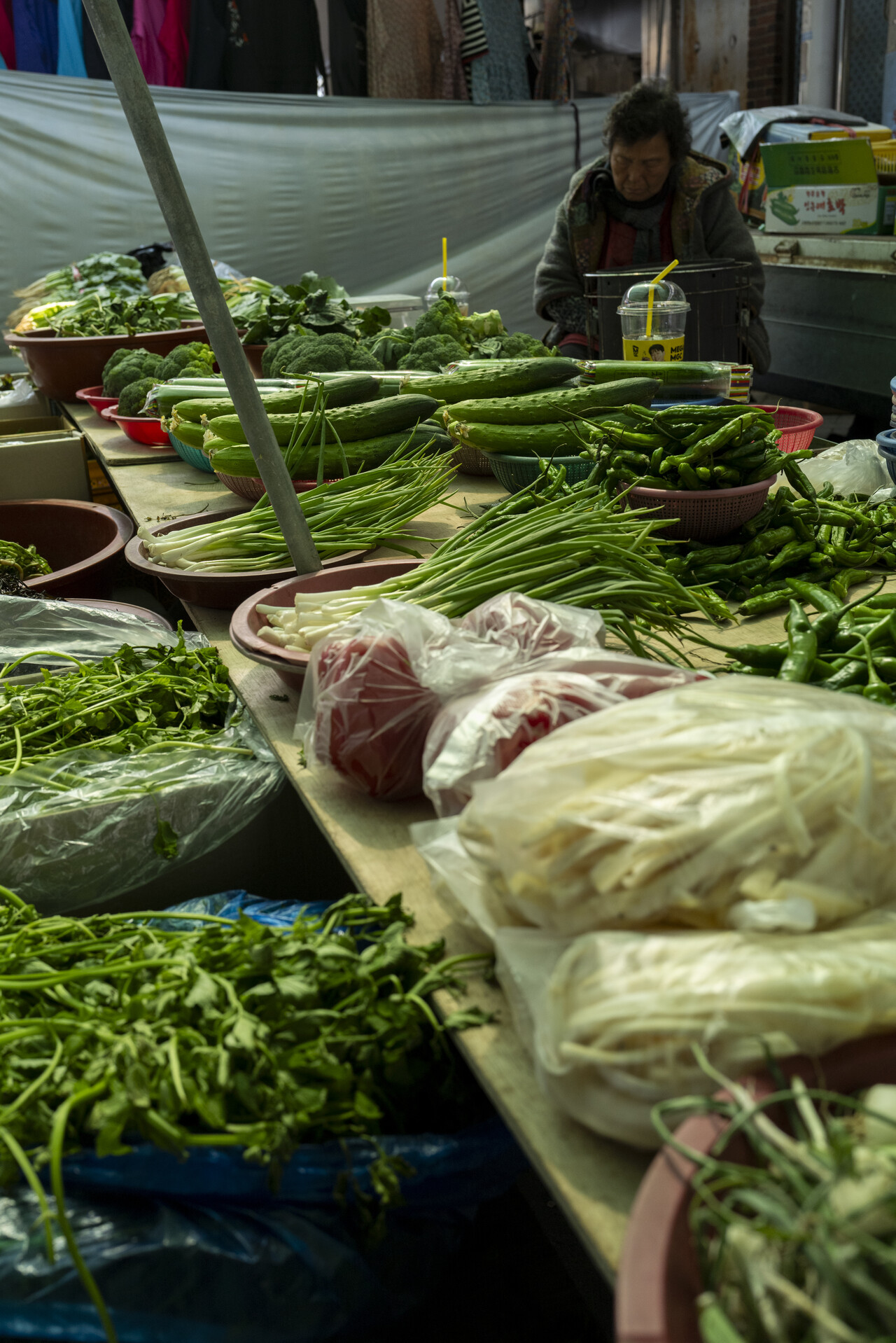 아침 일찍 서둘러 나왔을 할머니 채소장수는 시끄럽게 오가는 사람들 틈바구니에서도 까무룩 졸음이 쏟아지고, 크게 판을 벌린 노점들 사이에 손바닥 만한 자리를 구해 앉은 할머니는 새까맣게 흙때가 낀 손톱을 보여주며 직접 캔 냉이, 달래, 돌나물을 팔고 있었다.