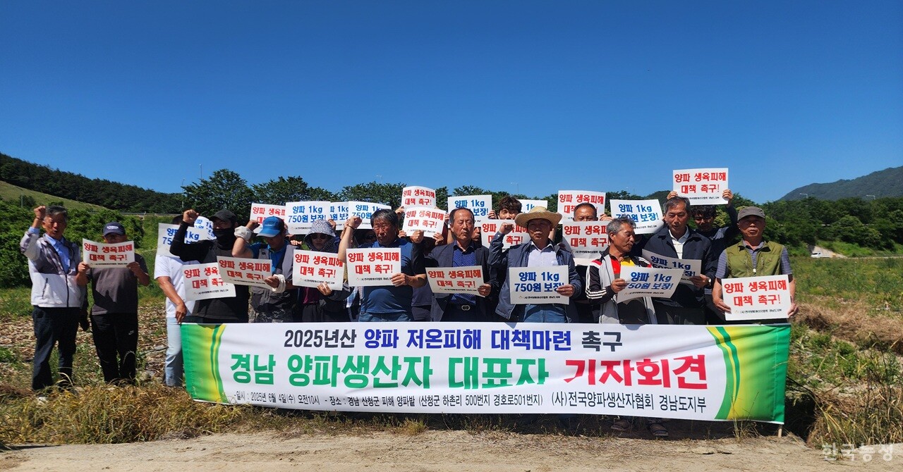 4일 (사)전국양파생산자협회 경남도지부가 경남 산청군 생초면 일원의 양파밭에서 ‘2025년산 양파 저온피해 대책마련 촉구 경남 양파 생산자 대표 기자회견’을 개최했다.