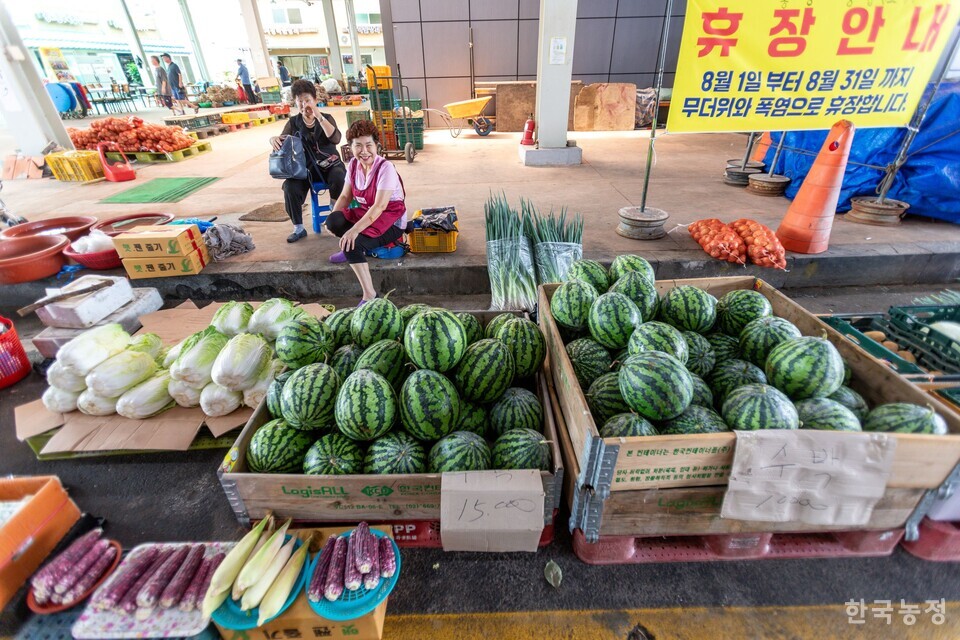 더위로 한 달간 휴점한다는 홍성오일장 난전에 그 사이 수박전이 열려있다. 사진 류관희 작가