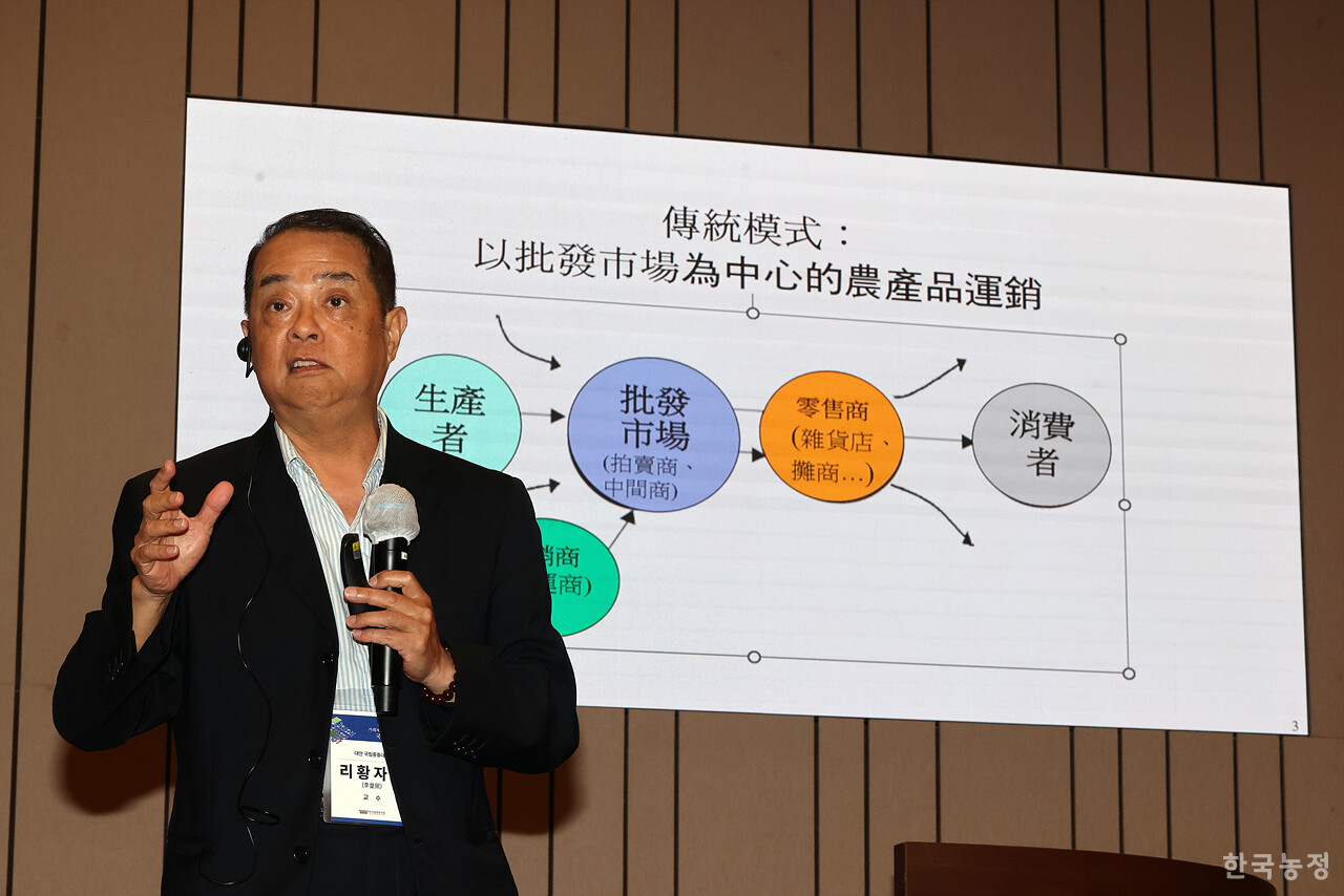 지난 12일 국회박물관에서 열린 ‘농산물 도매시장 거래제도 개선을 위한 국제학술대회’에서 리황자오 대만 국립중흥대학 교수가 대만의 도매시장에 관해 발표하고 있다. 한승호 기자