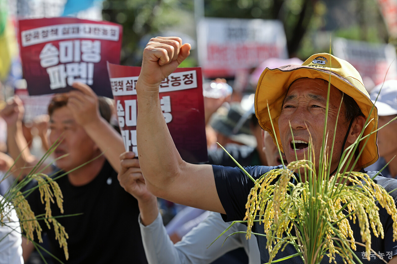 전국에서 올라온 농민들이 올해 수확한 벼를 들고 송미령 장관 파면을 촉구하고 있다. 한승호 기자