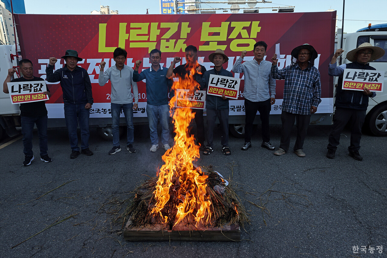 전국농민회총연맹 광주전남연맹과 전국쌀생산자협회 전남본부 회원들이 10일 오전 전남 무안군 농협중앙회 전남지역본부 앞 대로에서 ‘나락값 8만원 쟁취 농기계 행진’ 집회를 열고 나락값 8만원 보장 및 벼 깨씨무늬병 재해 인정 등을 촉구하며 병에 걸린 나락을 불태우고 있다. 한승호 기자