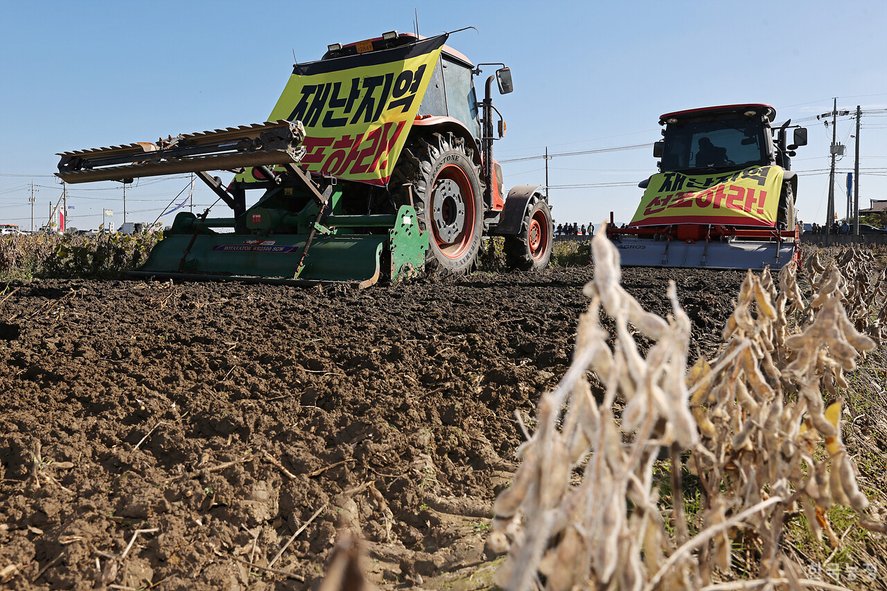 27일 오전 전북 김제시 부량면 들녘에서 열린 '논콩 피해 추가조사 실시! 특별재난지역 선포! 김제농민 논콩 갈아엎기 투쟁'에서 농민들의 트랙터가 올가을 잦은 비로 수확이 불가능할 정도로 병이 발생한 논콩을 갈아엎고 있다. 한승호 기자