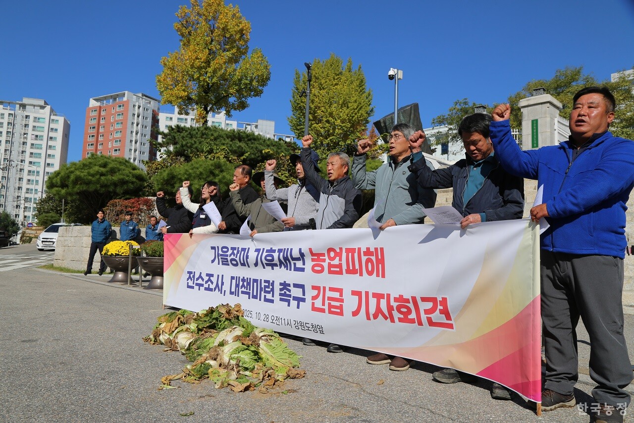 전국농민회총연맹 강원도연맹 소속 농민들이 28일 강원도청 앞에서 가을장마로 인한 강원도 밭작물 재해 대책을 촉구하고 있다.