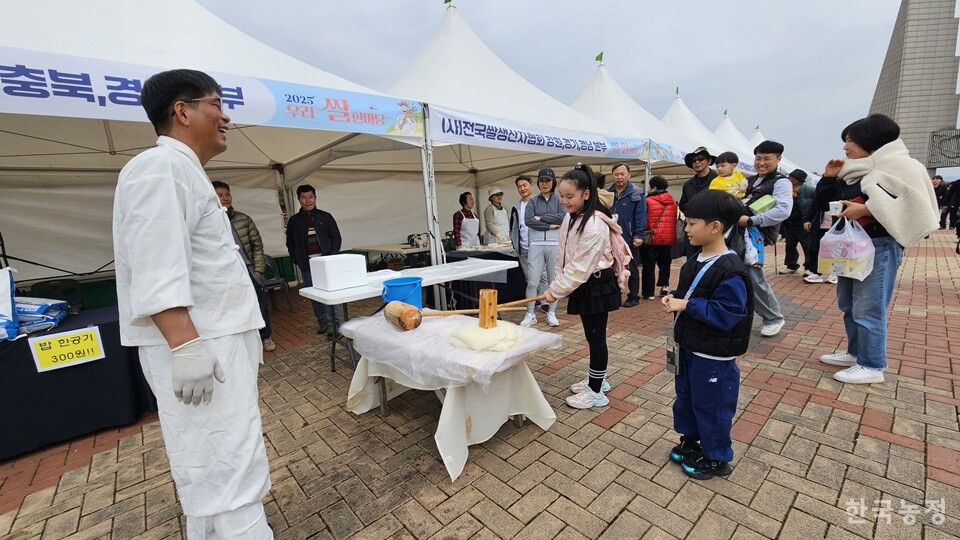 전국쌀생산자협회가 지난 7일부터 9일까지 사흘간 천안 독립기념관 독립의다리에서 ‘2025 우리쌀한마당’을 개최한 가운데 지난 8일 우리쌀로 인절미를 만들어 보는 코너에서 떡메 치기 체험이 진행되고 있다.