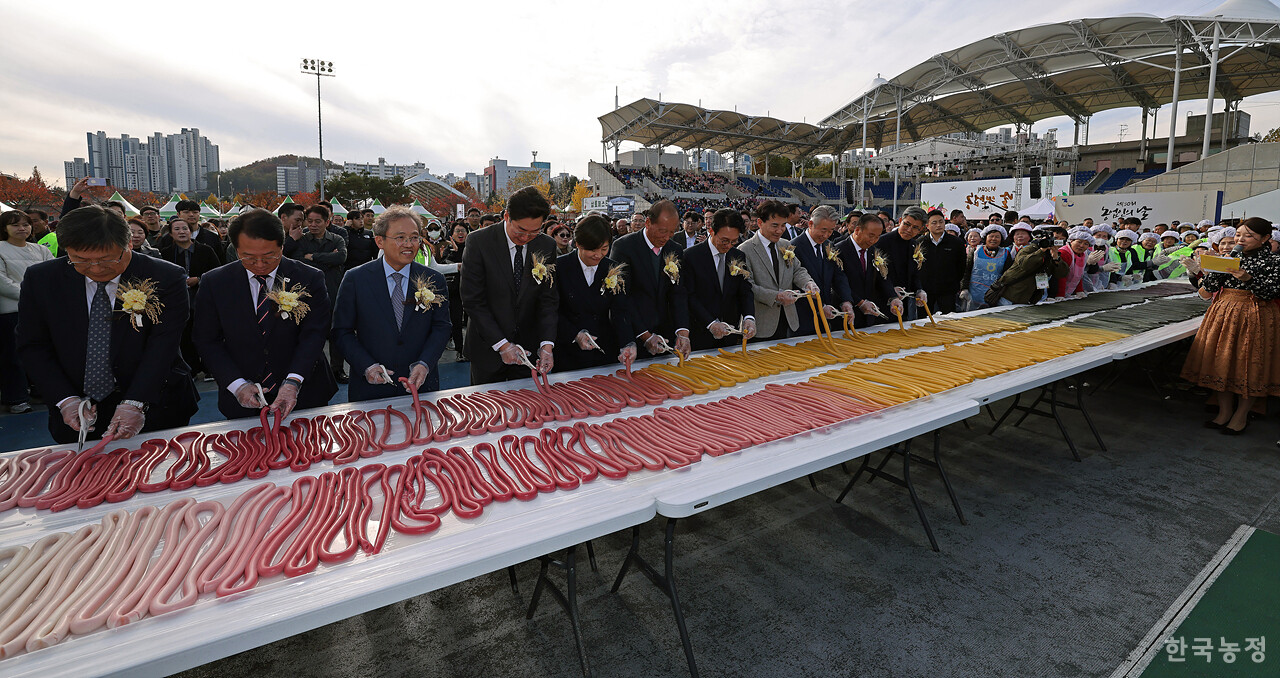 지난 11일 강원 원주시 원주젊음의광장에서 열린 제30회 농업인의 날 기념행사에서 김민석 국무총리를 비롯한 내외빈들이 1111미터 가래떡을 자르고 있다. 한승호 기자