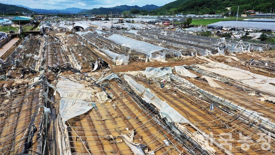 지난 7월 ‘극한 호우’의 여파로 하천이 범람하며 침수 피해를 입은 경남 산청군 신안면 일대 시설하우스들이 형체를 알아볼 수 없을 정도로 망가진 채 방치돼 있다. 한승호 기자