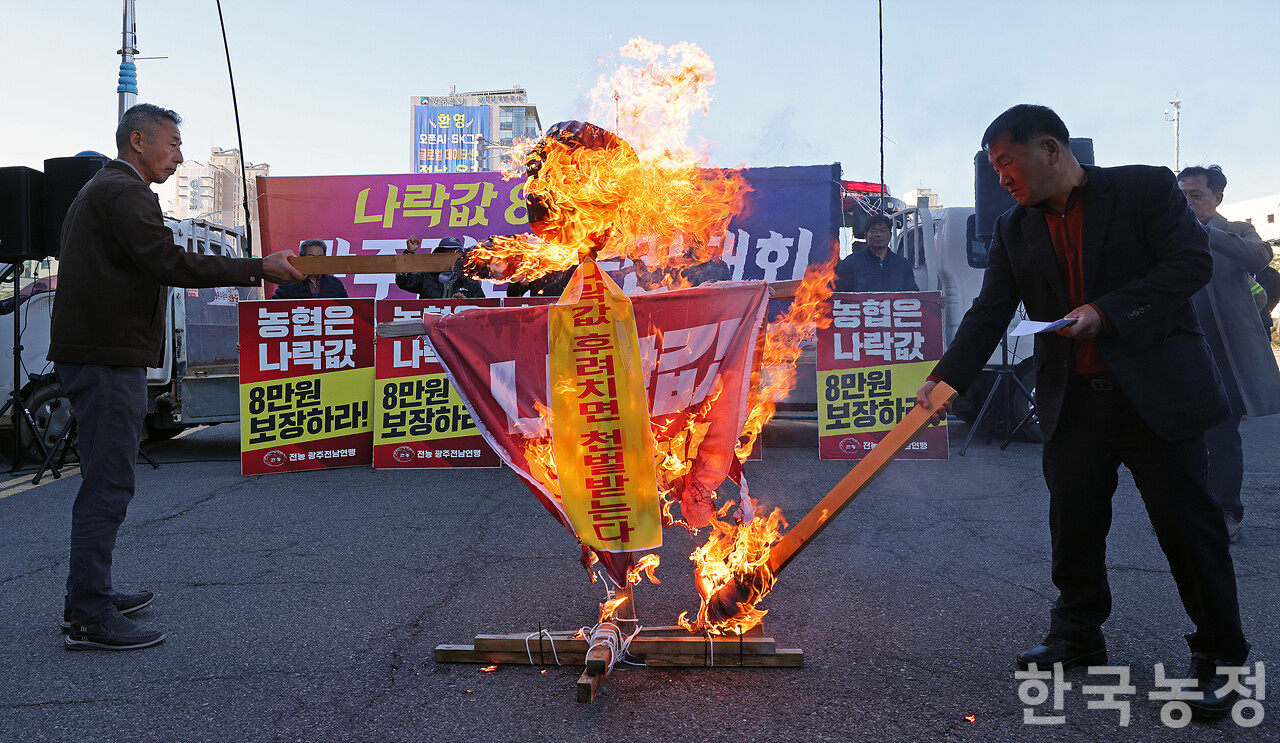 지난 14일 전남 무안군 농협중앙회 전남본부 앞에서 '나락값 8만원 보장 광주전남 농민대회'가 열린 가운데 농민들이 '나락값 8만원 보장'을 촉구하며 허수아비를 불태우고 있다. 한승호 기자