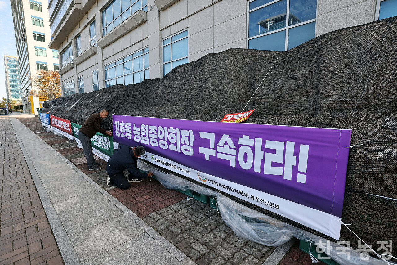 지난 14일 전남 무안군 농협중앙회 전남본부 앞에서 '나락값 8만원 보장 광주전남 농민대회'가 열린 가운데 농민들이 지역 곳곳에서 가져온 나락을 농협 앞에 쌓은 뒤 요구사항이 적힌 현수막을 매달고 있다. 한승호 기자