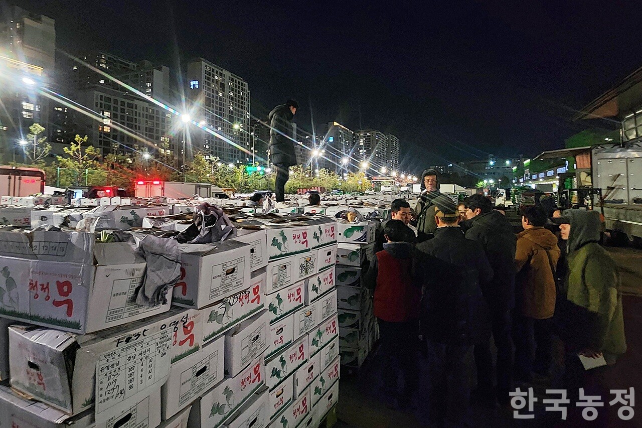 지난 19일 밤 공간 부족 문제를 겪고 있는 가락동농수산물도매시장 채소2동 주차장에서 중도매인들이 경매사를 둘러싼 채 가격을 제시하는 형태로 수의거래가 이뤄지고 있다.