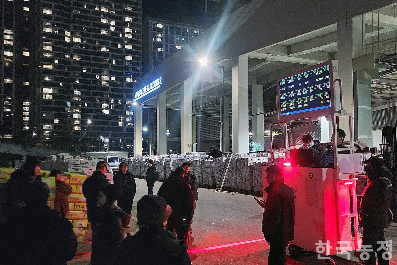 지난 19일 밤, 가락동농수산물도매시장 채소2동 바깥 서측면 공간에서 다발무 경매가 이뤄지고 있다. 해당 경매는 주변 소음을 우려해 육성으로 진행됐다.