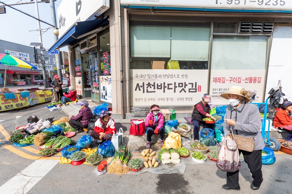 서천 김을 파는 가게 앞에 서천 농산물을 팔고 있는 노인들의 모습이 보인다.&nbsp;