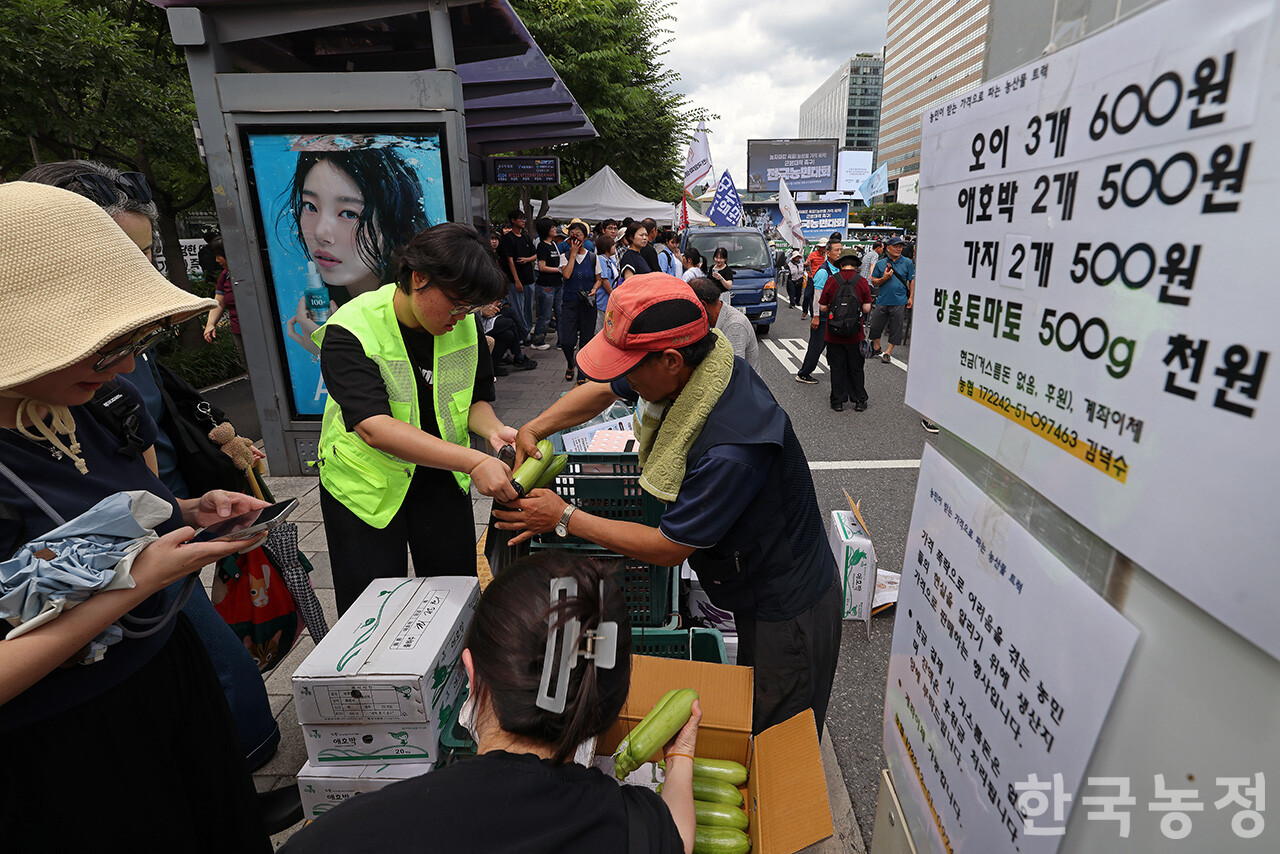 7일 오후 국민과함께하는농민의길 주최로 서울 종로구 동화면세점 앞에서 ‘농자재값 폭등! 농산물 가격 폭락! 근본대책 촉구 7·7 전국농민대회’가 열린 가운데 사전행사로 진행된 '팔수록 빚더미 장터'에서 농민들이 가져온 농산물을 헐값에 판매하고 있다.