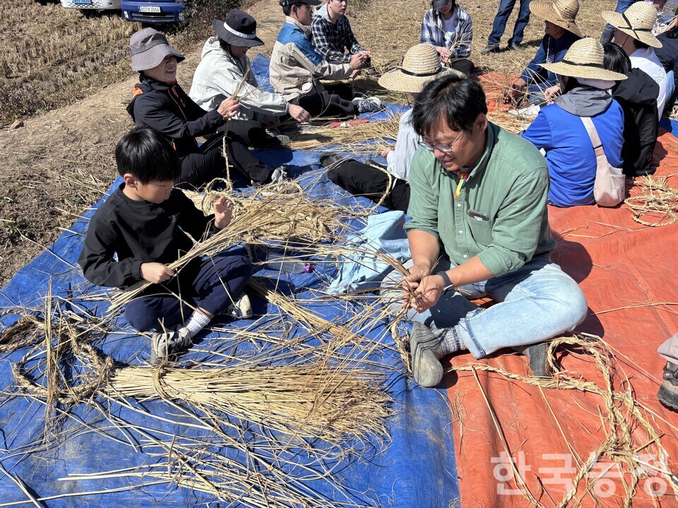 ​‘2026 철원군 통일쌀 벼베기’가 3일 강원 철원 민통선 내 ‘평화의논’에서 열린 가운데&nbsp; 참여자들이 새끼줄 꼬기 체험을 하고 있다.&nbsp;